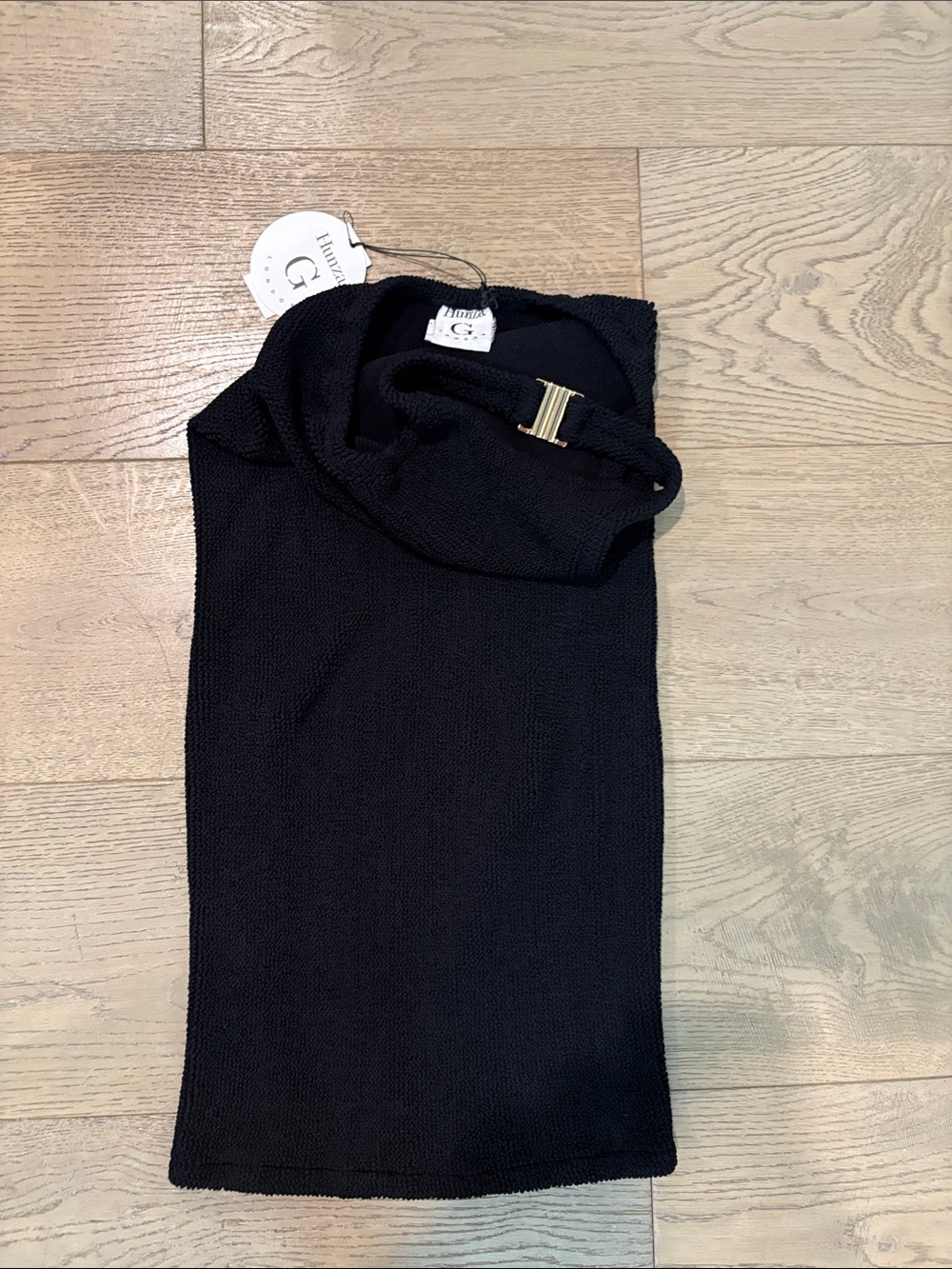 Hunza G Black Ribbed Swim Dress with Gold Buckle